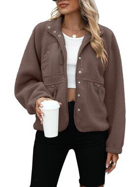 Women's Dark Brown Fleece Jacket Button Down Sherpa Jacket Fuzzy Cropped Jackets